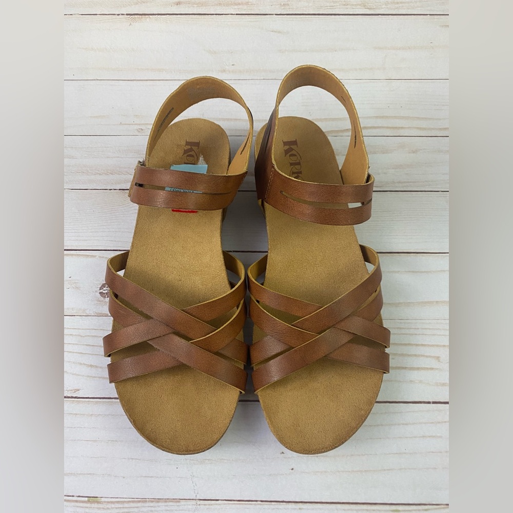 Korks Primrose Faux Leather Cork Heel Strappy Brown Tan Sandals Size 11M